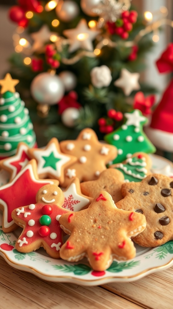 An assortment of decorated Christmas cookies including sugar cookies, gingerbread men, and chocolate chip cookies on a festive plate.